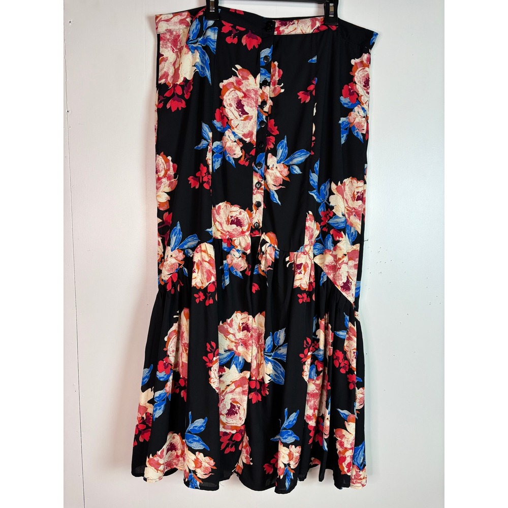 Venus Maxi Skirt 16 Black Floral Button Front Hi-Lo Ruffle Hem‎ Women